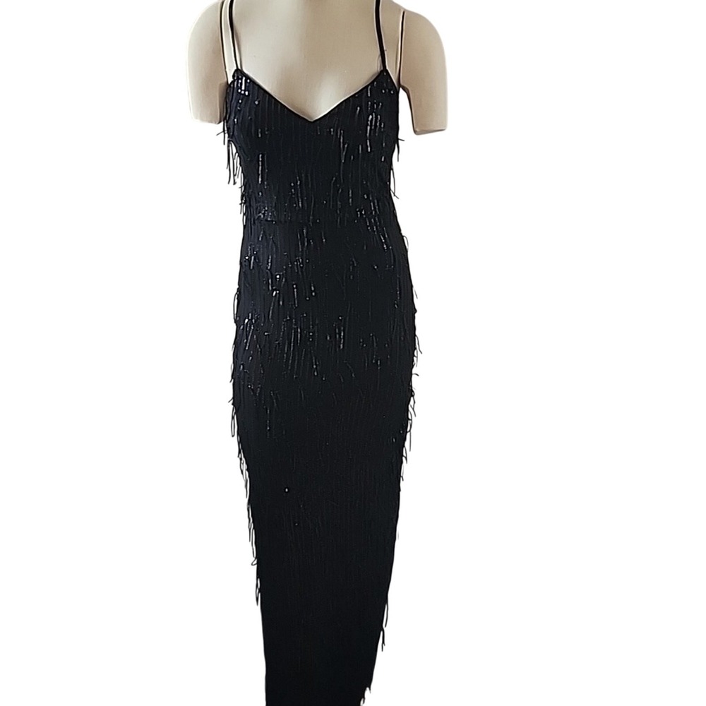 Cato Triangles Black Sequin Fringe Evening Gown Maxi Dress Size 3‎